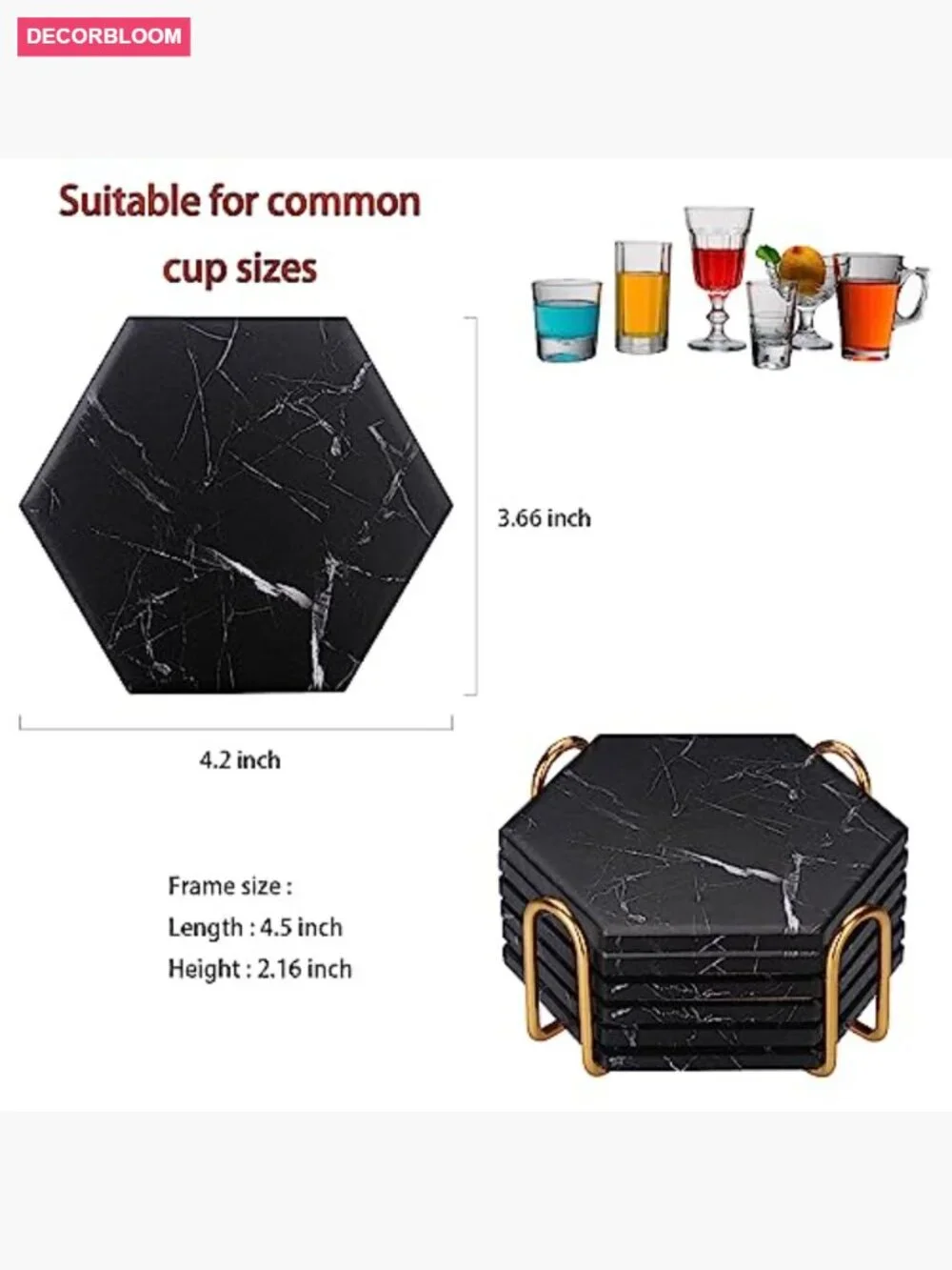 Hexagon Marble Coasters for Drinks with Gold Holder Set of 6 Absorbent Cork Base